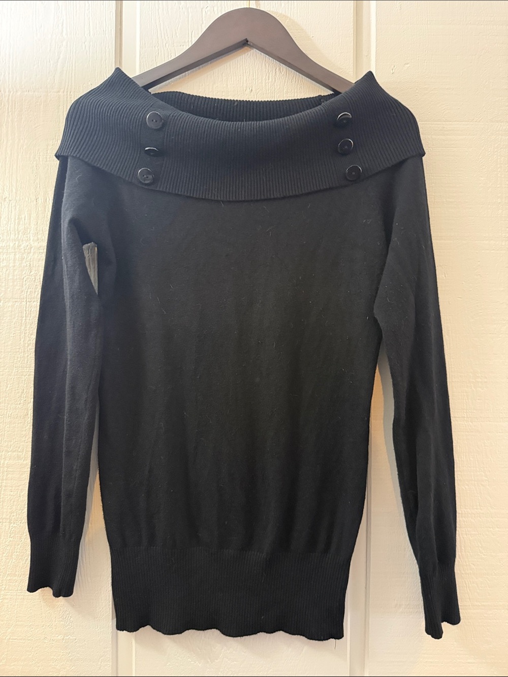 Black Off-Shoulder Button-Trim Women's Sweater Sz Medium